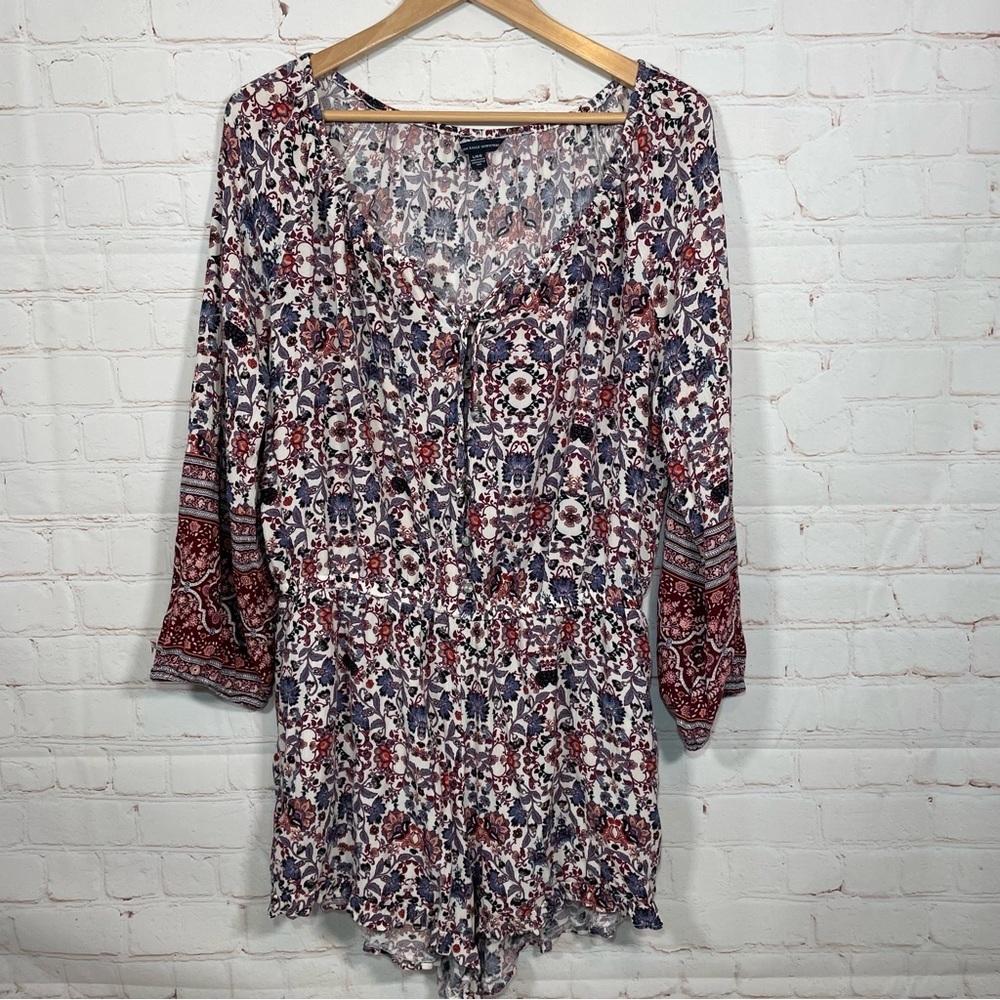 American Eagle Romper Womens Large Floral Tie In Front Button Front Long Sleeve